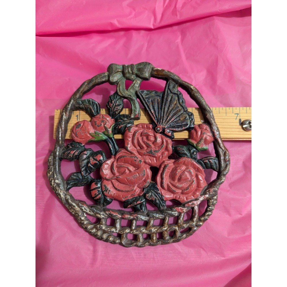vintage painted enamel cast iron Roses butterfly in‎ bow basket